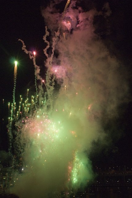 green and pink firework display