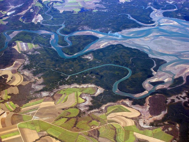 aerial view of a meandering river delta