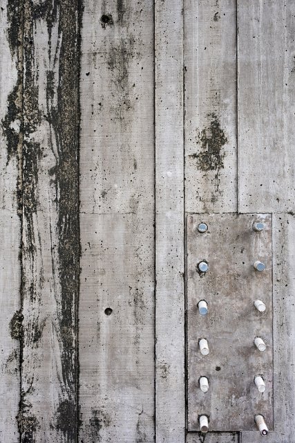 Background texture of old weathered wood panel with vertical planks and a double row of steel bolts inset into the timber
