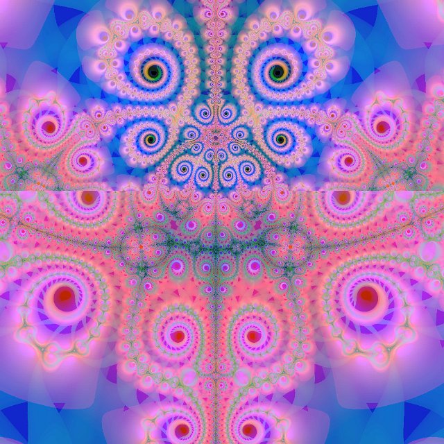 a pink and blue repeating fractal patern with a central reflection and spiral design