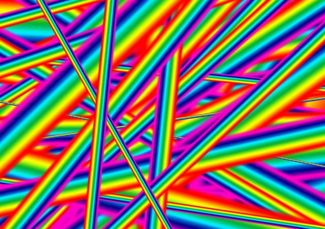 gaudy criss-crossing rainbow bars