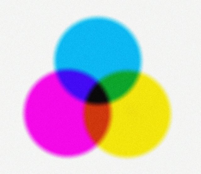 three coloured circles producing a full spectrum of subractive colours with black in the centre with a noise grain effect