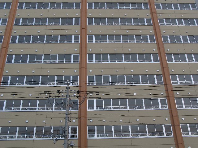 bland frontage of a modern building with rows of identical windows and a power line infront