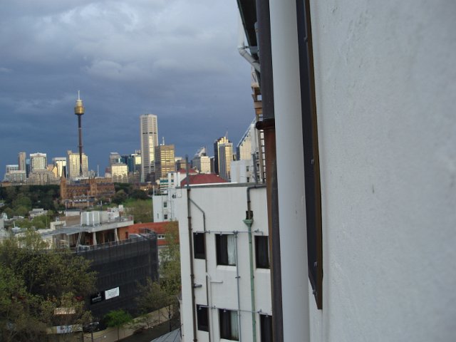 looking out from a building towards the centre of town