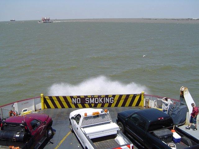 spray at the back of a car ferry