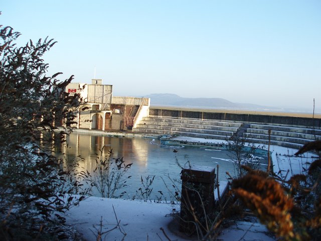 open air swimming poll at grange-over-sands, iced over in winter