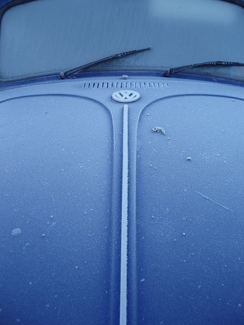 frost covered bonnet of a classic volkswagen beetle