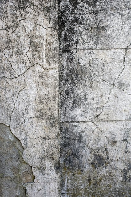 White wall with aged dirty and crumbling plaster and flaked paint with black stains and old cracks viewed in full frame close-up for background concept