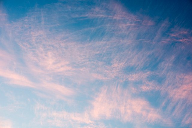 a dusk sky filled with streaking cirrus clouds lit in pink light on a blue background